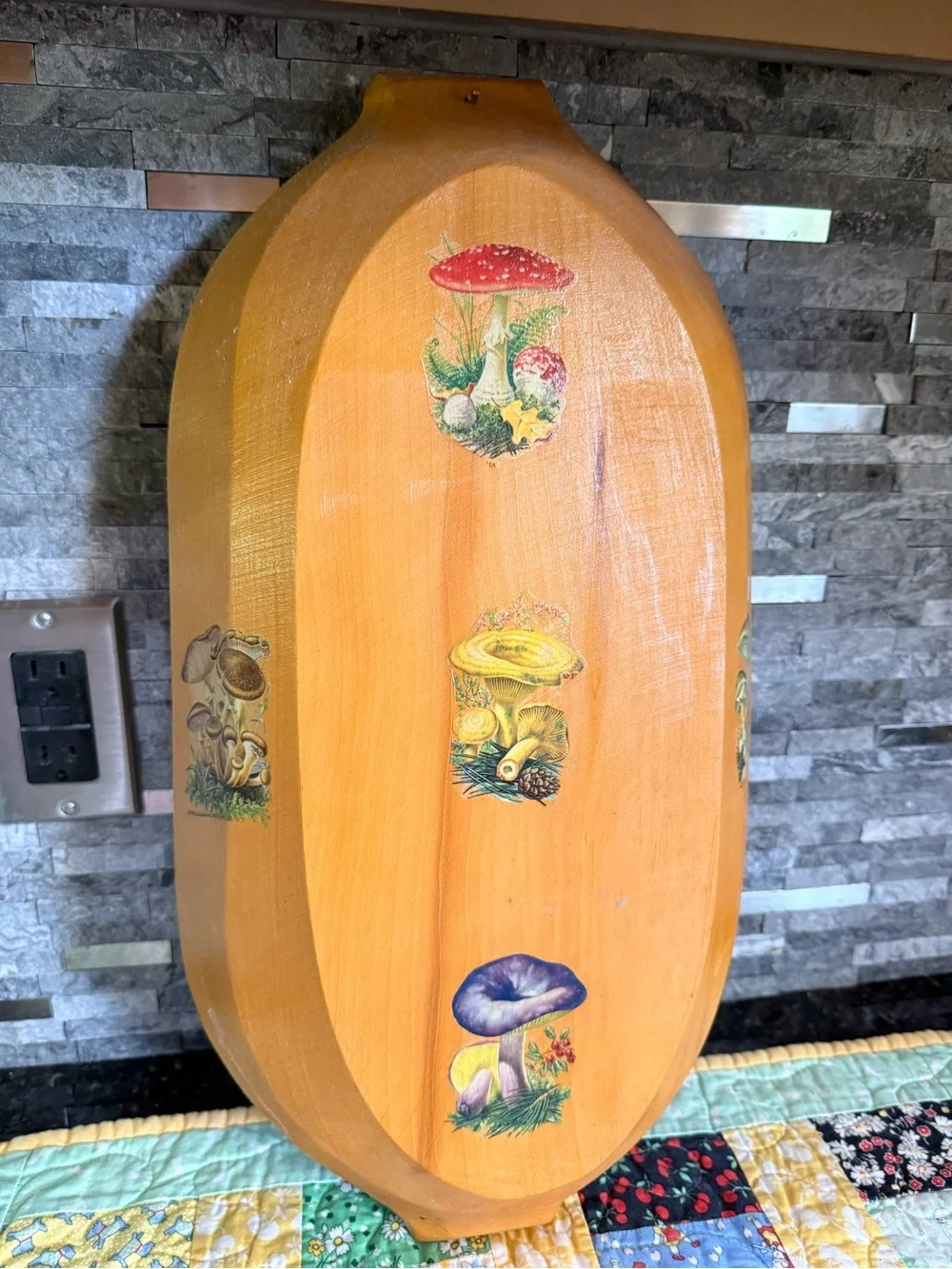 Vintage Boho Mushroom Decal Wooden Dough Bowl Hanging